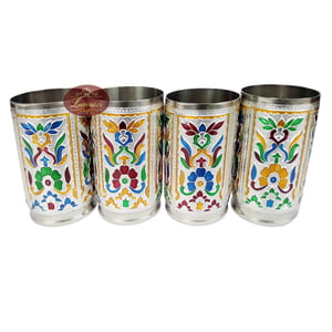 Royal Flower Designed Serving Tray with Matching 6-Glasses Set- Stainless Steel S.M.